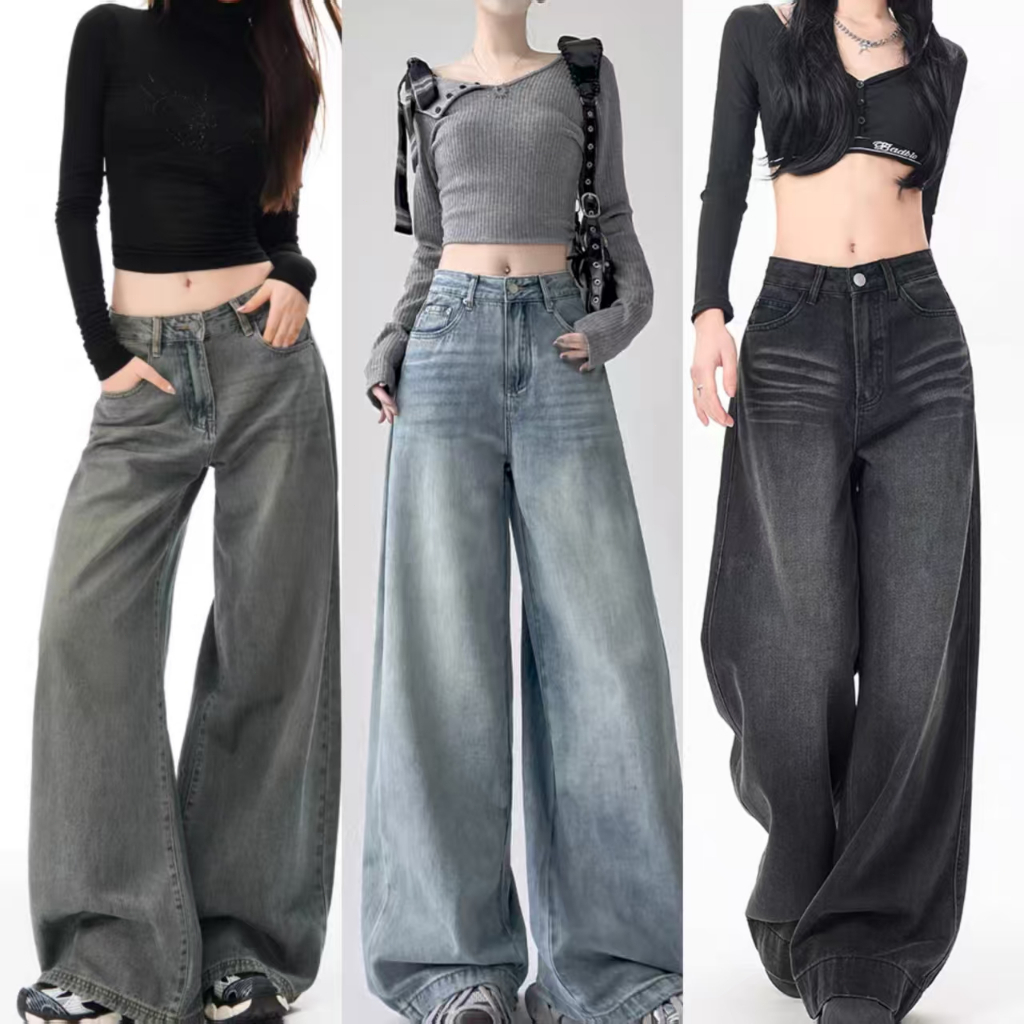 🔥919nn🔥กางเกงยีนส์ขากว้างสีน้ําเงินเข้มผู้หญิงสไตล์ใหม่หลวมเอวสูง Slimmer ดูแคบตรงกางเกงขากว้างชั้น