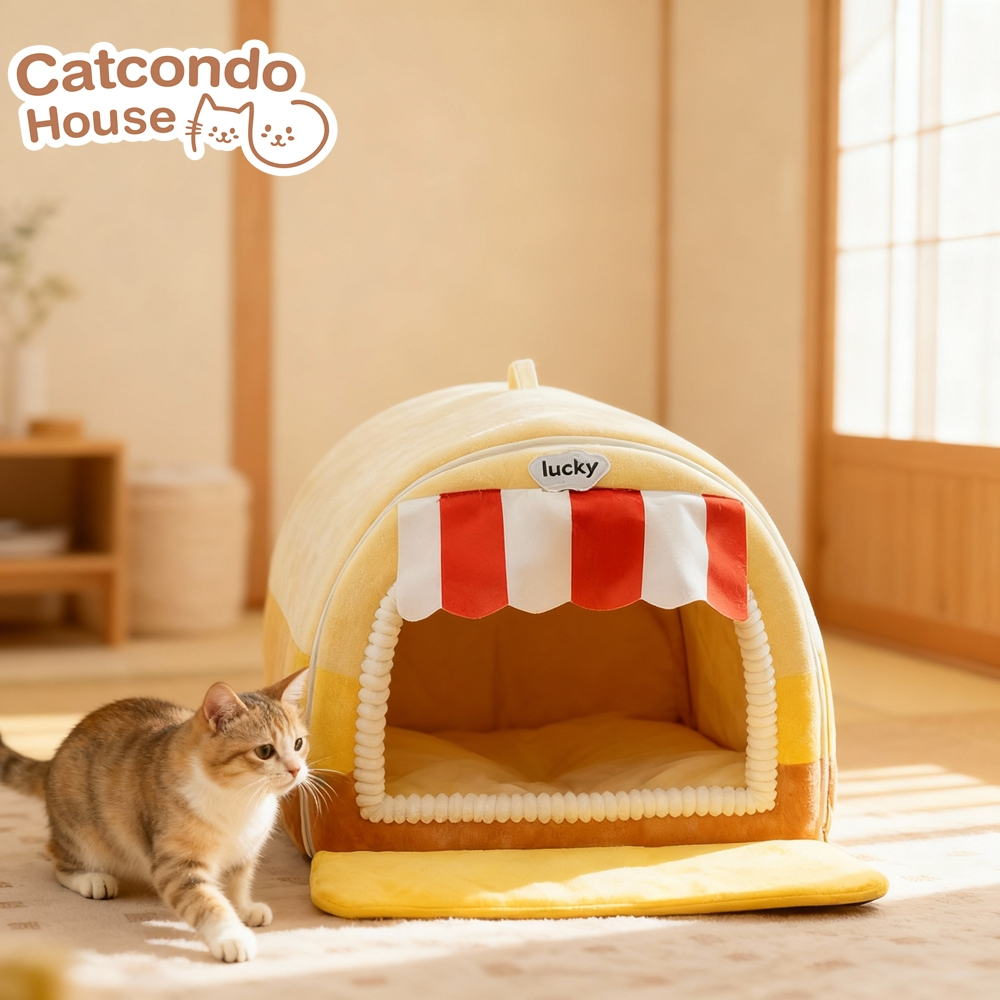 Cathouse บ้านโดมluckyเหลือง บ้านสัตว์เลี้ยงทรงร้านค้า Lucky ดีไซน์สุดน่ารัก เก็บความอบอุ่น สำหรับหมาแมว ขนาด M/L
