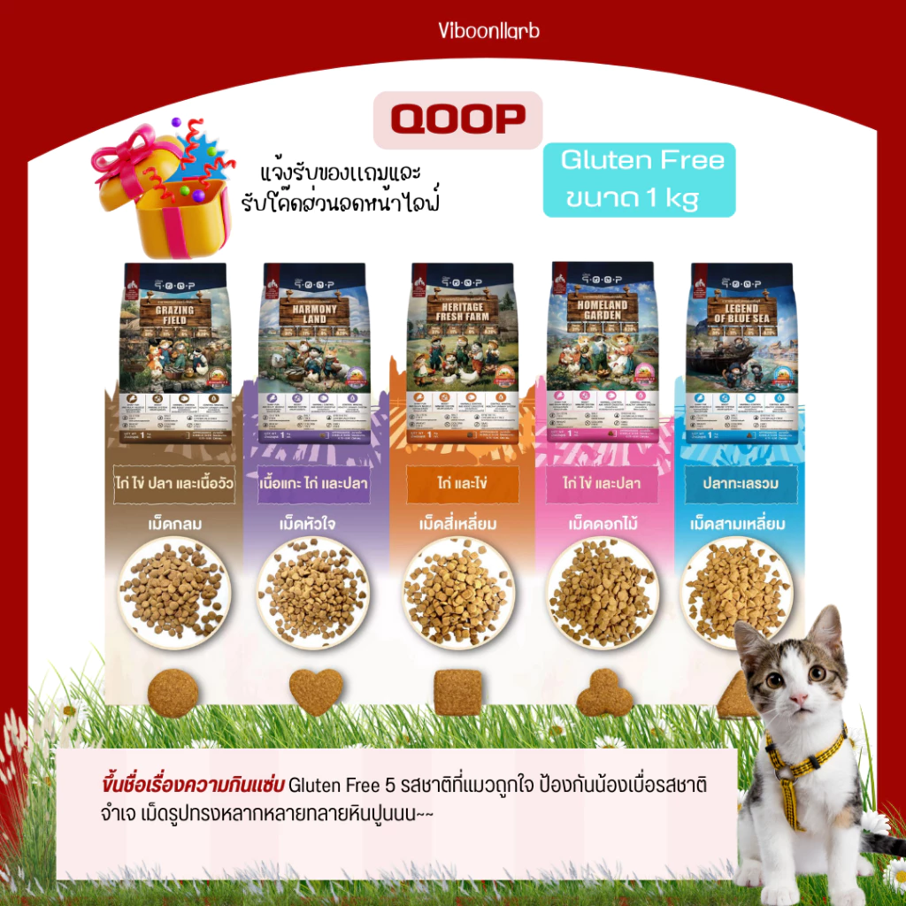 qoop อาหารแมวคูปป์ สูตรกลูเตนฟรี อาหารแมวเกรดพรีเมียม ขนาด 1 กก. มีรสชาติให้เลือกเยอะ