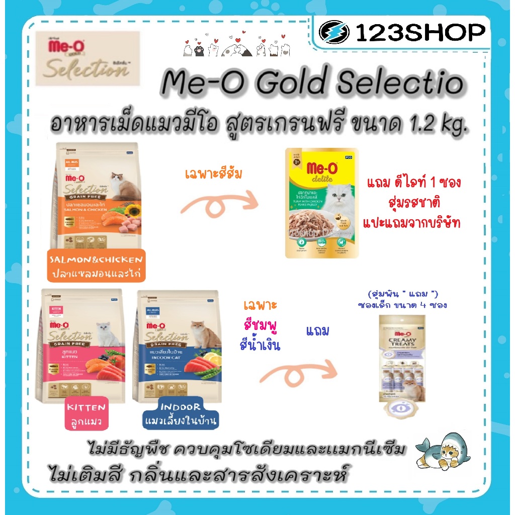 Me-O Gold Selection มีโอ โกล์ด ซีเล็คชั่น Meo อาหารแมว มีโอ สูตร เกรนฟรี น้ำหนัก 1.2 kg คุมเค็ม