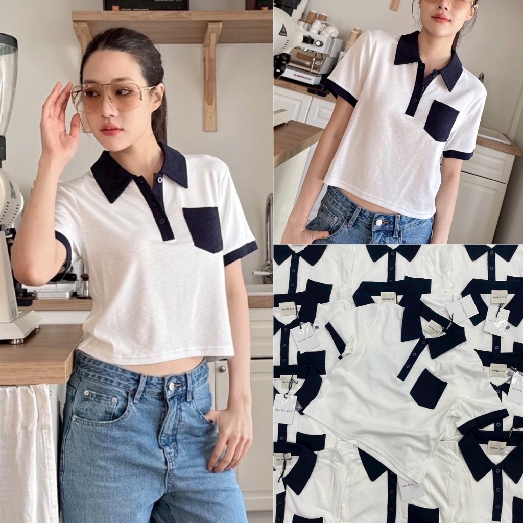 🍊 VL 5029 เสื้อครอปคอปกทูโทน ดีเทลประเป๋าหน้าอก ทรงสั้น เข้ารูป รุ่นนี้แนะนำเลยว่าต้องมี