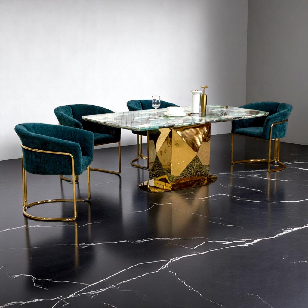 Furyouliving โต๊ะอาหารหินอ่อน 2.0 ม. รุ่น เจม Gem สีทอง 6 ที่นั่ง สแตนเลส 304