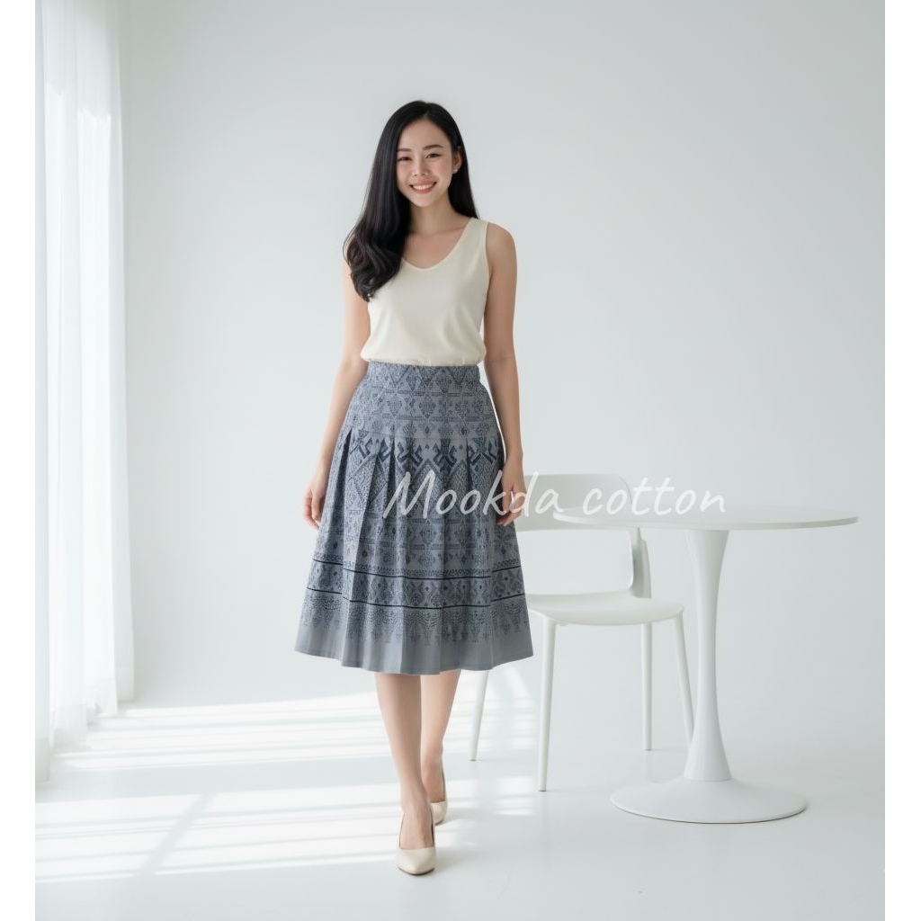 กระโปรงผ้าฝ้ายพิมพ์ลายจีบทวิส เอวยืด