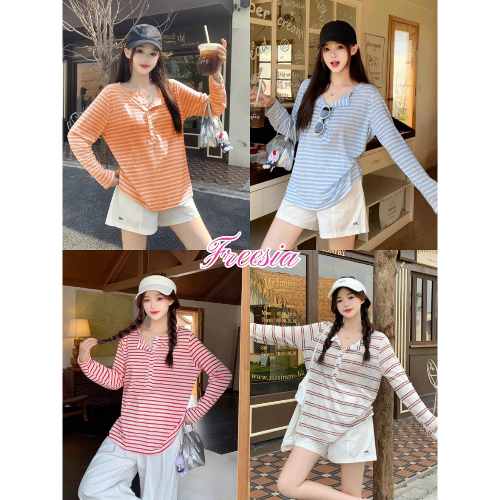 เสื้อแขนยาว เสื้อลายทาง มี4สี ทรงหลวม สไตล์เกาหลี ใส่สบาย#92412