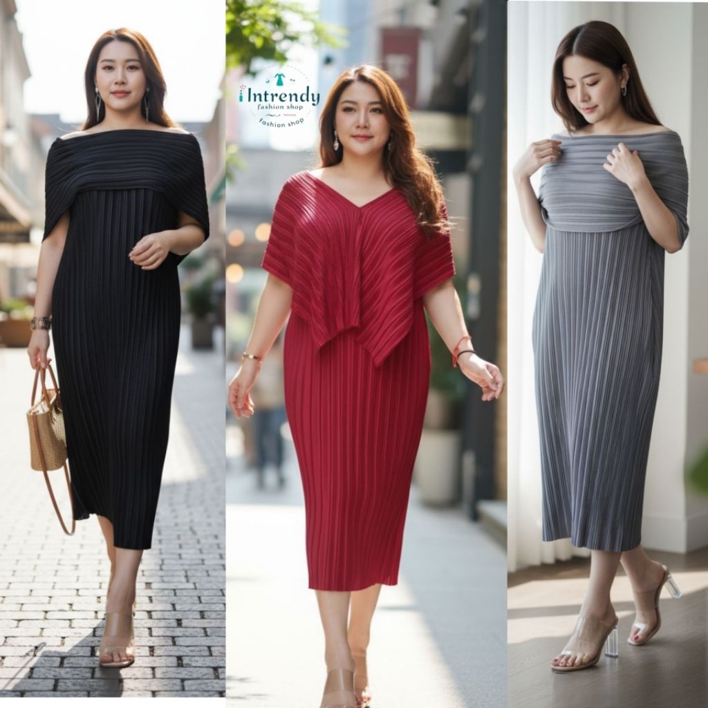 ใหม่.เดรสพลีทคอวี/คอปาด ใส่ได้หลายแบบไซส์สาวอวบ Collar dres B324 Tw อก 36 -52 นิ้วใส่สวย เป็นผ้าพลีทไฮเกรดเนื้อดี.