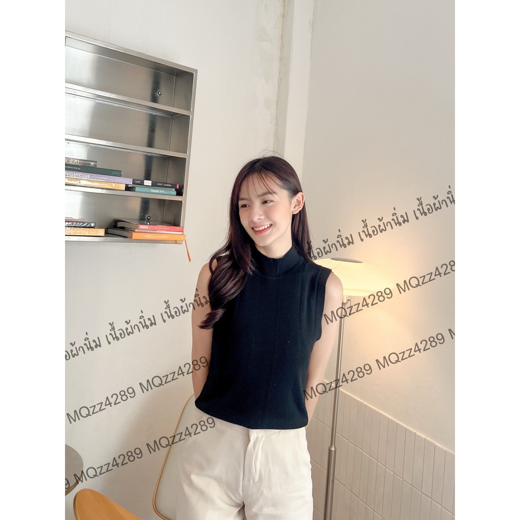 MQzz4289 *พร้อมส่ง* เสื้อทำงานแขนกุด คอเต่า ผ้าไหมพรม  นุ่มนิ่ม ใส่สบาย ยืดได้เยอะ สาวอวบใส่ได้ Free Size