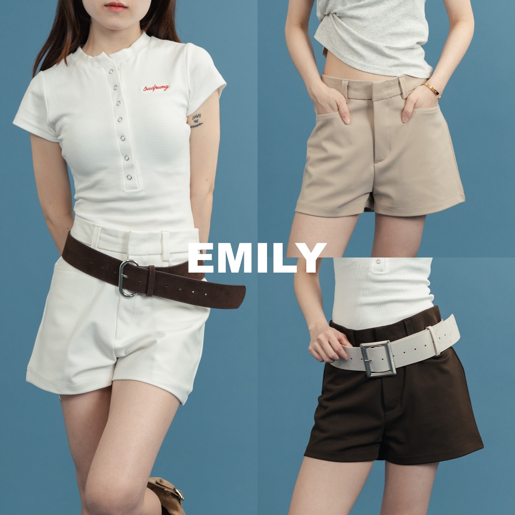 Emily_Sp098 กางเกงขาสั้นผ้าโรเชส ผ้านุ่มใส่สบาย ทรงสวย มีกระเป๋าเหลี่ยม หูเข็มขัด ความยาว 13 นิ้ว