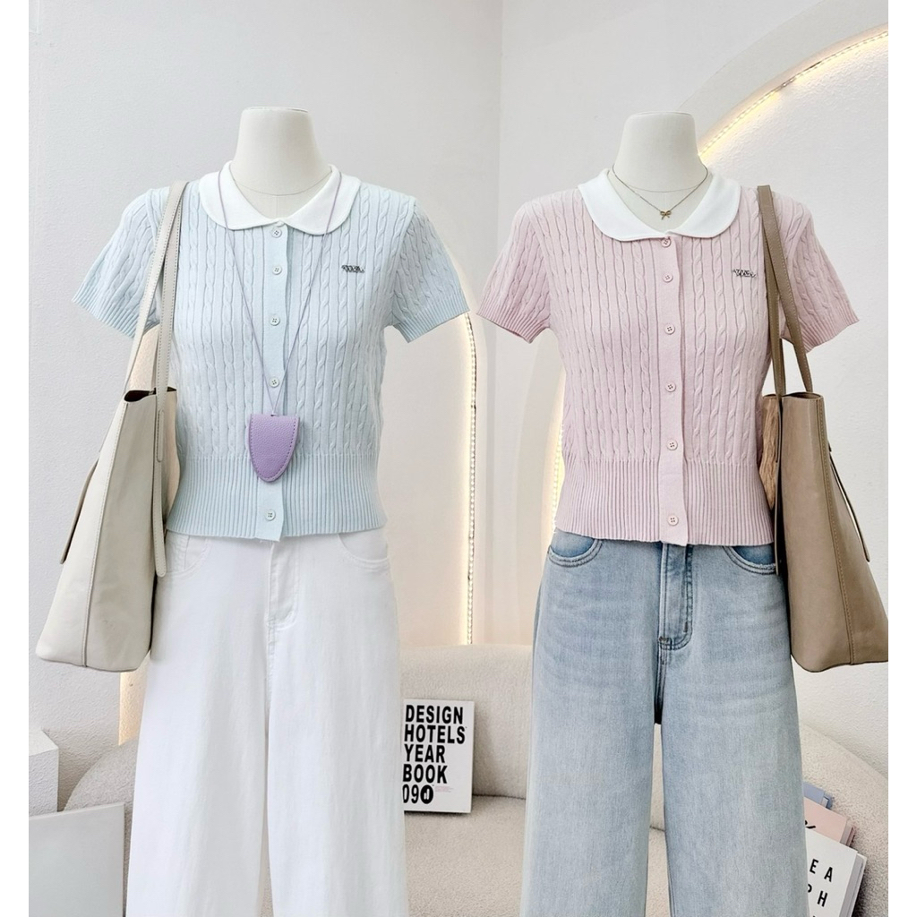 WA YA เสื้อคาร์ดิแกนแขนสั้นคอบัว