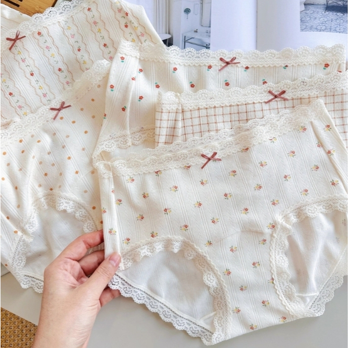 G-05 กางเกงชั้นในผ้าฝ้ายแท้ สำหรับผู้หญิง ช่วงเอวกลาง ทรงย้อนยุคลายดอกไม้สไตล์