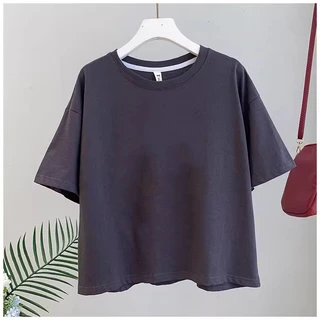 เสื้อครอปสาวอวบน่ารัก สีพื้น oversize เสื้อผ้าคนอ้วนไซส์ใหญ่ เสื้อยืดแขนสั้นแบบหลวมผู้หญิงแฟชั่นมาใหม่สวยๆ ลำลอง สีดำ