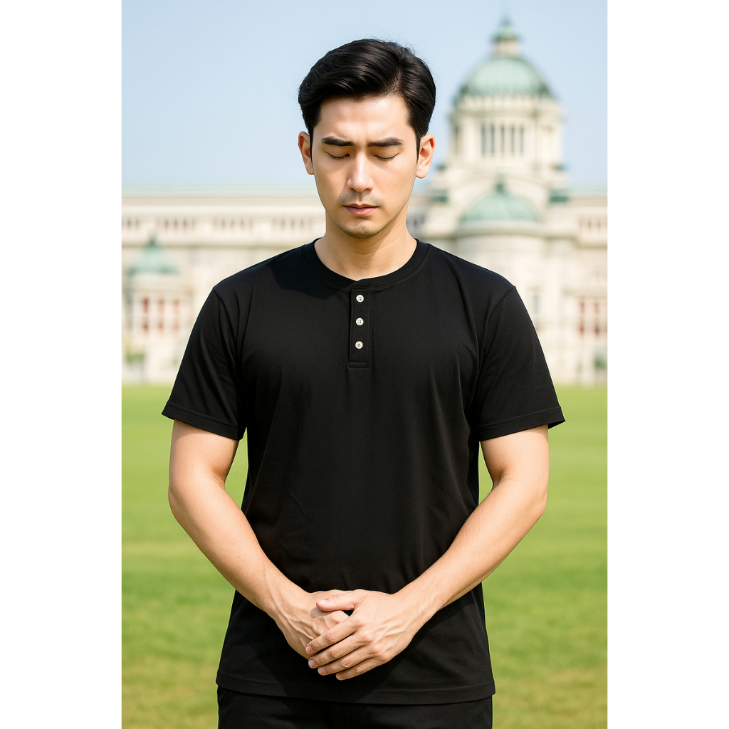 เสื้อสีดำ คอวีแขนสั้นผ่าหน้ากระดุม 3 เม็ดดีไซน์เรียบเท่ ดูสุภาพ ใส่ได้ทุกโอกาส
