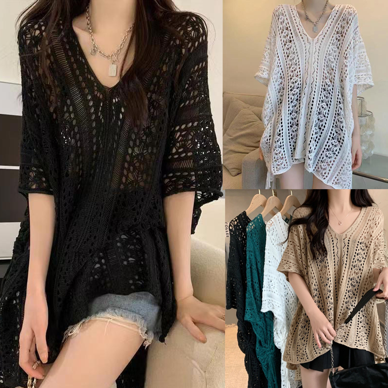 Dahong 💖 เสื้อไหมพรมถักฉลุ ทรงผีเสื้อ แขนสั้น V คอธรรมดา Plus ขนาดแฟชั่นหลวมเสื้อยืด  โบฮีเมียน สไตล์เกาหลี Z771 รูปที่ 8