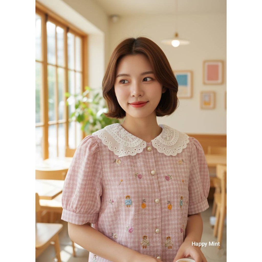 ป้าย N.N เสื้อลายสก็อตปักลายน่ารัก ๆ แต่งปกลูกไม้ 2 ชั้น อก 40 นิ้ว ยาว 21 นิ้ว - รูปที่ 3