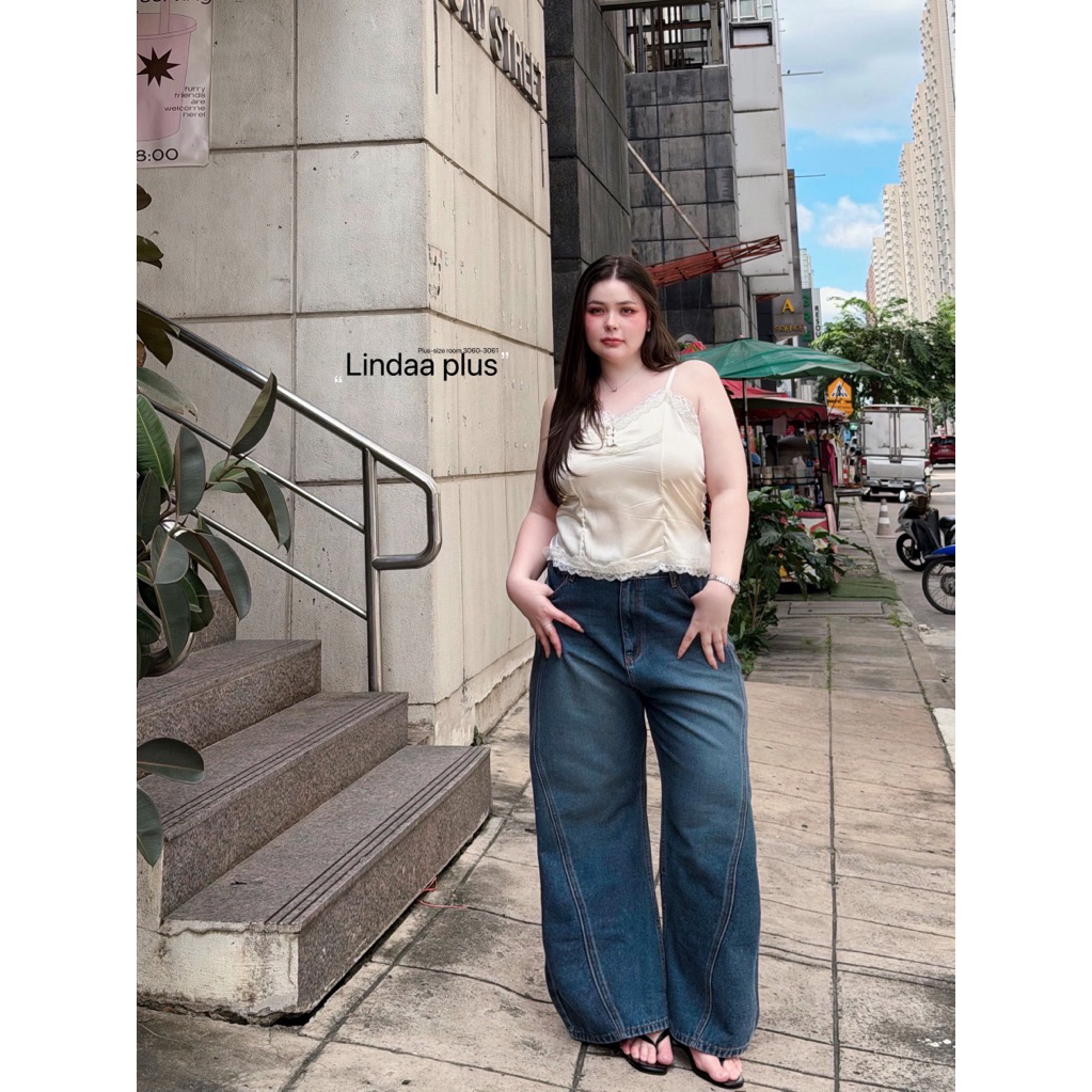 กางเกงยีนส์ขากระบอกใหญ่พิเศษ buggy jeans มีตีเกล็ดหน้า งานป้าย Lindaa plus+