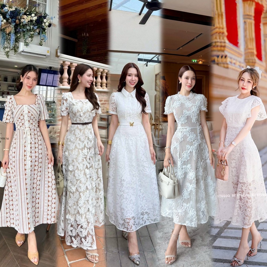 S-XXL ชุดเดรสลูกไม้สีขาว ดำ แต่งระบาย,คอเหลี่ยม,คอปก ใส่ทำบุญ งานบวช งานบุญ งานแต่ง