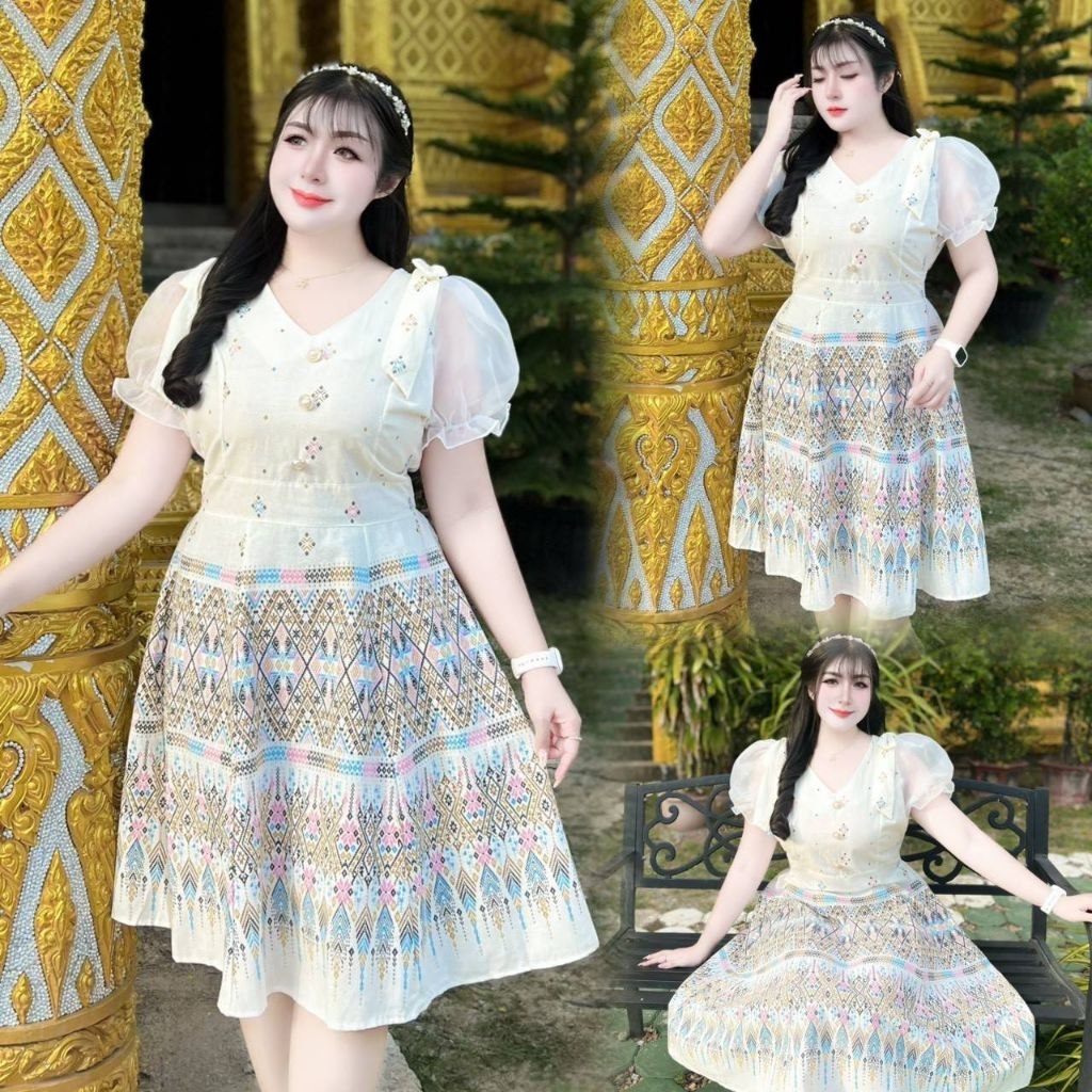 ชุดเดรสผ้าไทยประยุกต์ทรงย้วยแต่งโบว์ไหล่สวยมากกใส่ออกงานพิธีการงานบุญต่างๆ