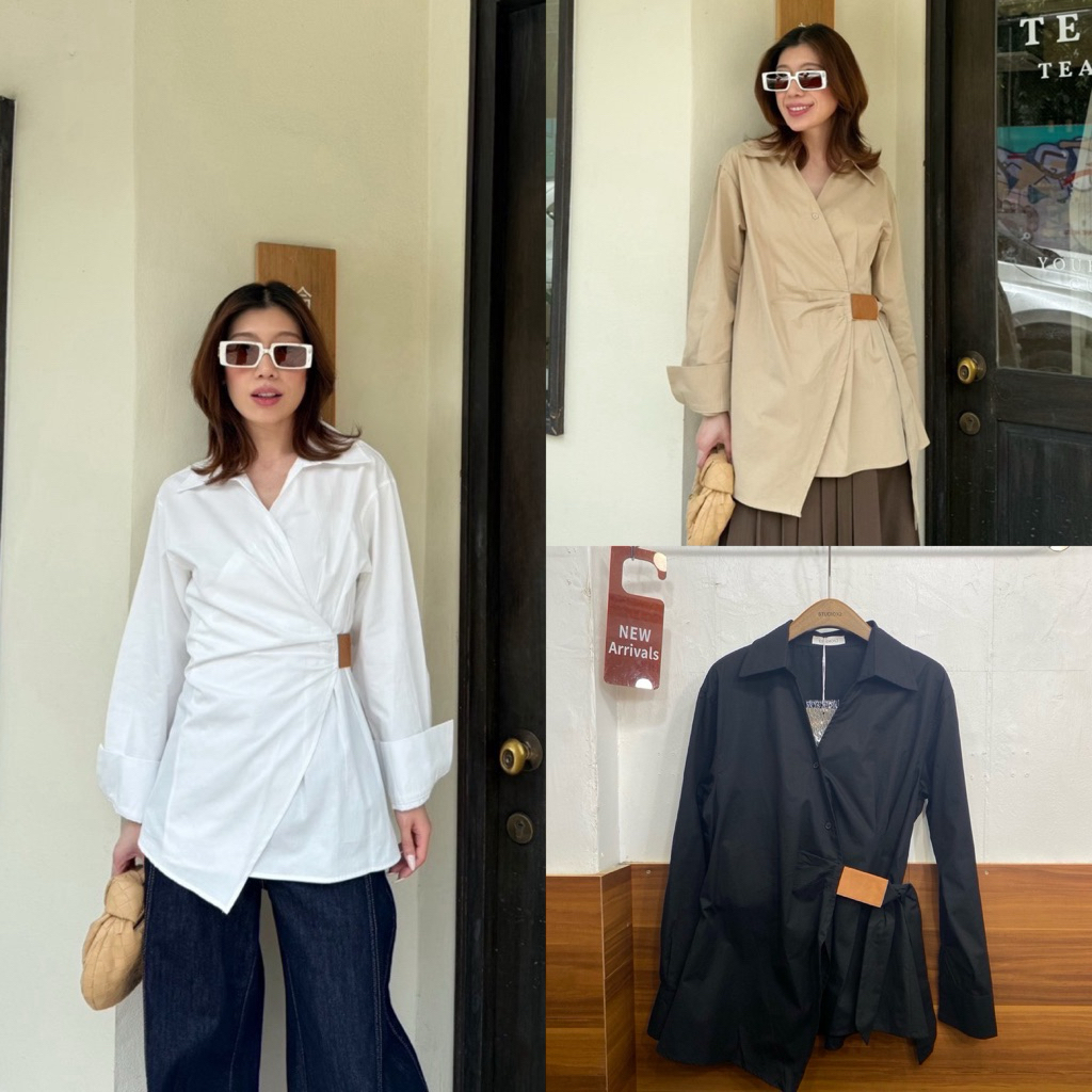 ส่งด่วน 🛵  #25461 STUDIOX2 Draped Cotton Shirt เสื้อเชิ้ตทรงwrap คอปก ดีเทลป้ายหนังจับจีบผูกข้าง
