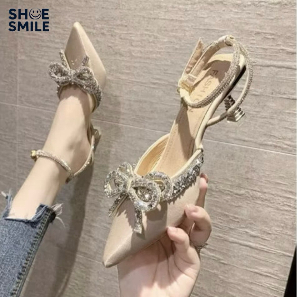 อยู่ไทย❌ส่งไว/ไซส์ปกติ(เท้าบานเพิ่ม1size)/สูง7cm./รองเท้าคัทชูผู้หญิงแต่งเพชรมีสายรัดข้อ521
