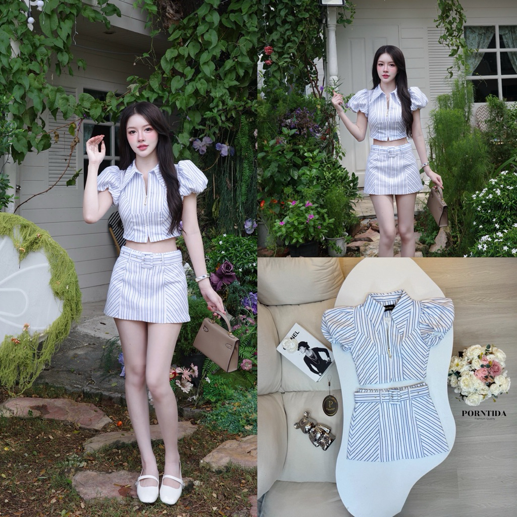 [PORNTIDA] ชุดเซต 3ชิ้น เสื้อ+ เข็มขัด + กระโปรง เสื้อลายริ้วสีฟ้า งานซิปหน้าหน้าอกเสริมฟองนม