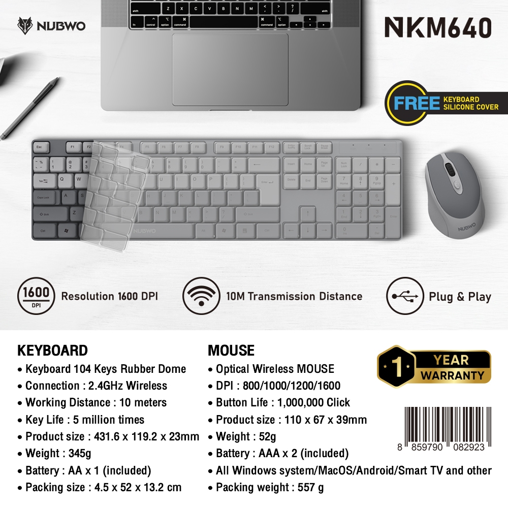GAMING NUBWO NKM640 KEYBOARD + MOUSE WIRELESS 2.4G Silent คีย์บอร์ด + เมาส์ไร้สายเสียงเงียบ ฟรีซิลิโ