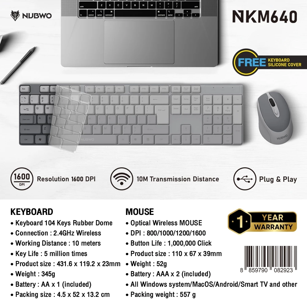 GAMING NUBWO NKM640 KEYBOARD + MOUSE WIRELESS 2.4G Silent คีย์บอร์ด + เมาส์ไร้สายเสียงเงียบ ฟรีซิลิโคนกันฝุ่น