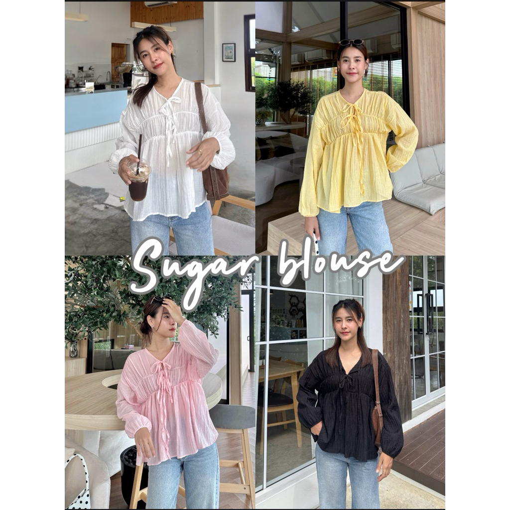 19JAN.STUDIO : SUGAR BLOUSE เสื้อแขนยาวทรงปล่อยๆ ดีเทลจั๊มช่วงอกมีเชือกสำหรับผูกโบว์ เนื้อผ้าบางเบา พริ้วๆ