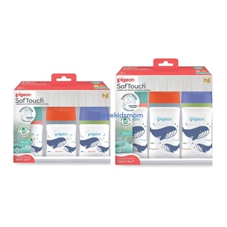 Pigeon พีเจ้น ขวดนมคอกว้าง สีขาวขุ่น PPWN ลาย Blue whale Pack 3 BIO รุ่นใหม่ล่าสุด