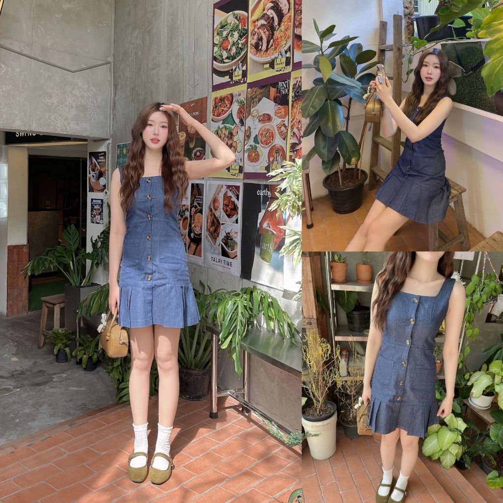 ส่งด่วน 🚨 SLYQ MADE 🫐 ANNA DENIM SLEEVELESS DRESS เดรสยีนส์สายเดี่ยวกระดุมหน้าจีบปลาย