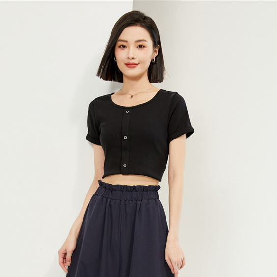GIORDANO (Online Exclusive) เสื้อยืดผู้หญิง แขนสั้น Women's Buttons rib tee 13324244