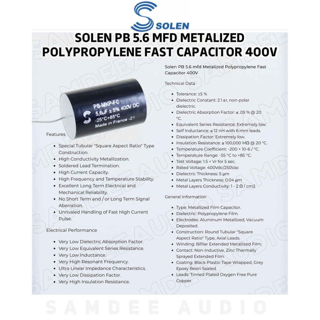 ราคาต่อ1ชิ้น/Solen PB 5.6 mfd Metalized Polypropylene Fast Capacitor 400V