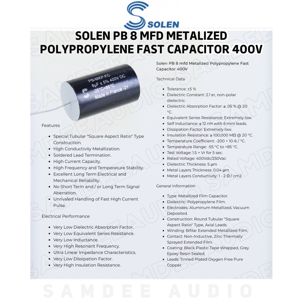 ราคาต่อ1ชิ้น/Solen PB 8 mfd Metalized Polypropylene Fast Capacitor 400V