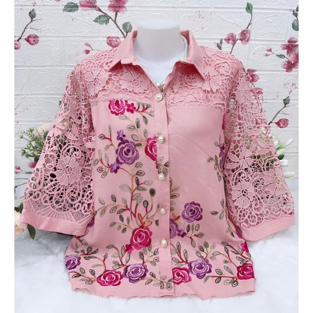 เสื้อลูกไม้กระดุมลินินผสมฝ้าย เสื้อลูกไม้คอปก รอบอก38-42/44-46/48-52นิ้ว ฟรีไซส์ เสื้อลูกไม้คนแก่ เสื้อคุณแม่