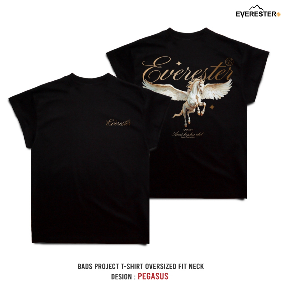 EVERESTER เสื้อยืด คอฟิต - แขนปีกนก Pegasus Heavy Cotton เสื้อผู้ชาย Oversize สีดำ Wing
