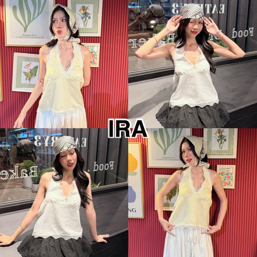 BY IRA Christina  Top พร้อมส่ง” เสื้อคล้องคอลูกไม้ แต่งขอบระบายลูกไม้ ผูกหลัง