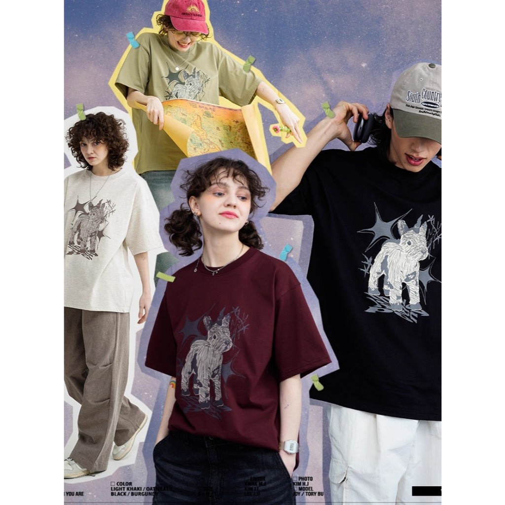 WV PROJECT CALIPONYS ตัวการ์ตูนยูนิคอร์นเสื้อยืดแขนสั้น เสื้อทีเกาหลี หลวม ชาย-หญิง