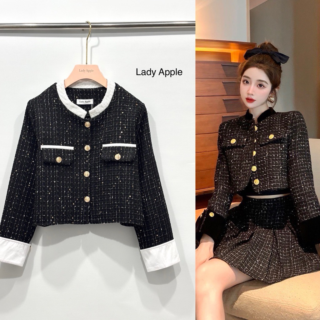 Lady Apple : เสื้อทวิตใช้ผ้าวิ้งๆเลื่ิอมทองในเนื้อผ้า แต่งปลายแขนพับ