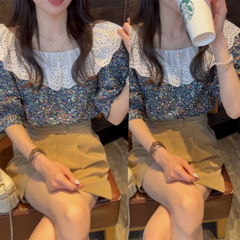 🌻Grace🌻 เสื้อเชิ้ต ลายดอกไม้ สไตล์เรโทร ฝรั่งเศส สำหรับผู้หญิง คอลเลคชั่นฤดูร้อน ดีไซน์ใหม่และหวาน เสื้อมีสไตล์ 99223
