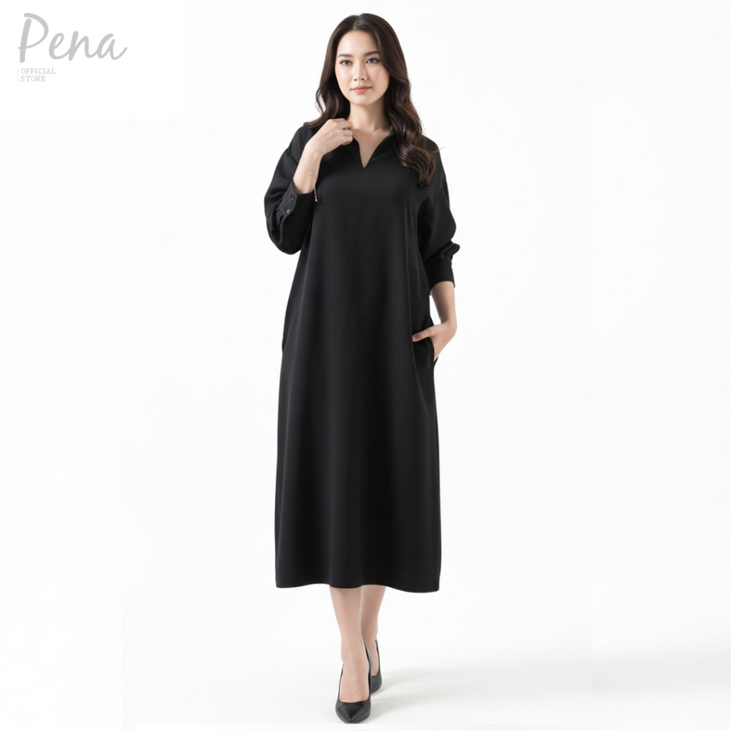 Pena house ชุดเดรสแขนยาวทรงหลวม คอปก PODL092501