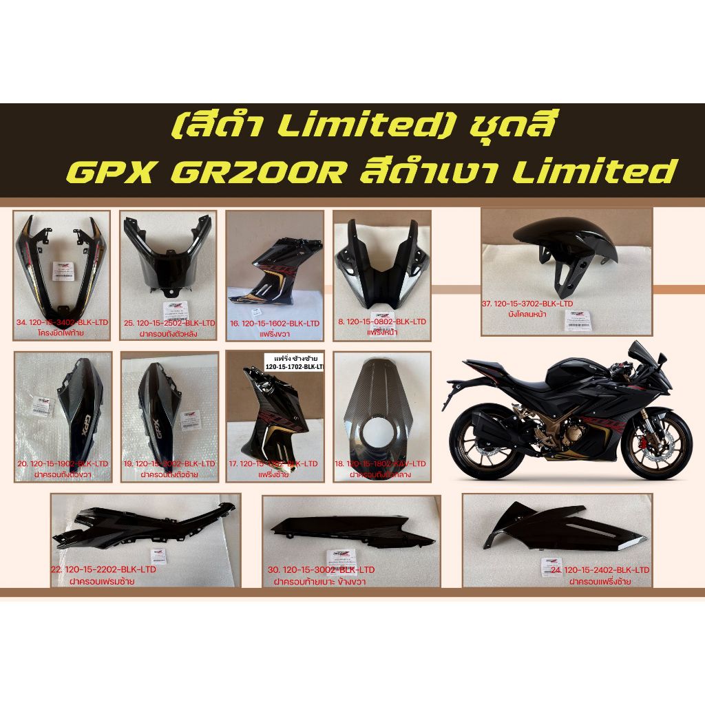 (สีดำ Limited) ชุดสี GPX GR200R สีดำเงา Limited บังโคลน แฟริ่ง ฝาครอบถังน้ำมัน ฝาครอบท้าย ของแท้บิกศ