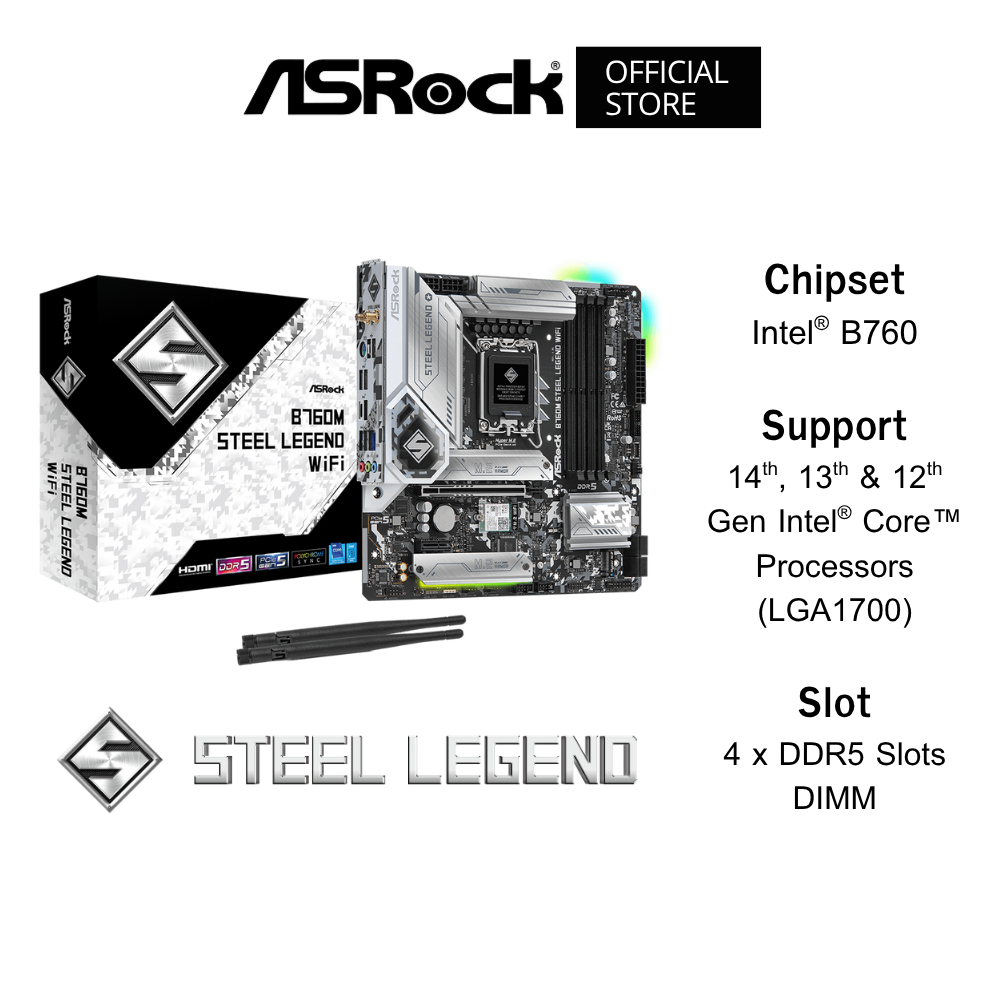 ASROCK B760M Steel Legend WiFi Mainboard (เมนบอร์ด) Micro-ATX DDR5 14th, 13th & 12th Gen Intel® Core