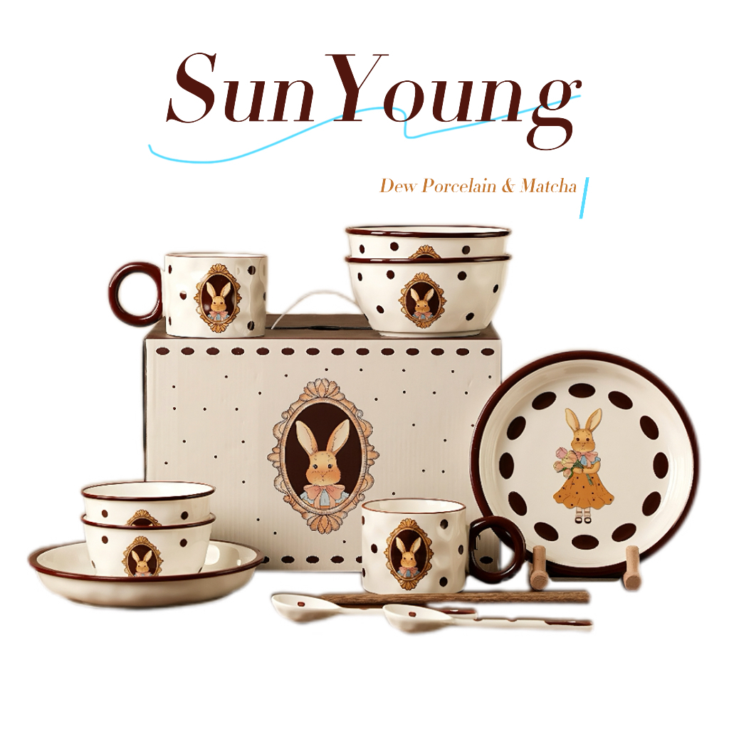【พร้อมกล่องของขวัญ🎁】ชุดจานชามเซรามิค 12ชิ้น ลายกระต่าย จานใหญ่+ชาม+ถ้วย ของขวัญแต่งงาน ของขวัญขึ้นบ้านใหม่