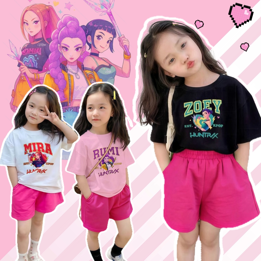 Beryl kids🌸ชุดเซ็ตเด็กผู้หญิงแฟชั่น🎀ชุดเซ็ทเด็กลายสุดฮิต Kpop Demon Hunters เสื้อยืดคอกลม+กางเกงขาสั้น นุ่ม สบาย สีสันสด