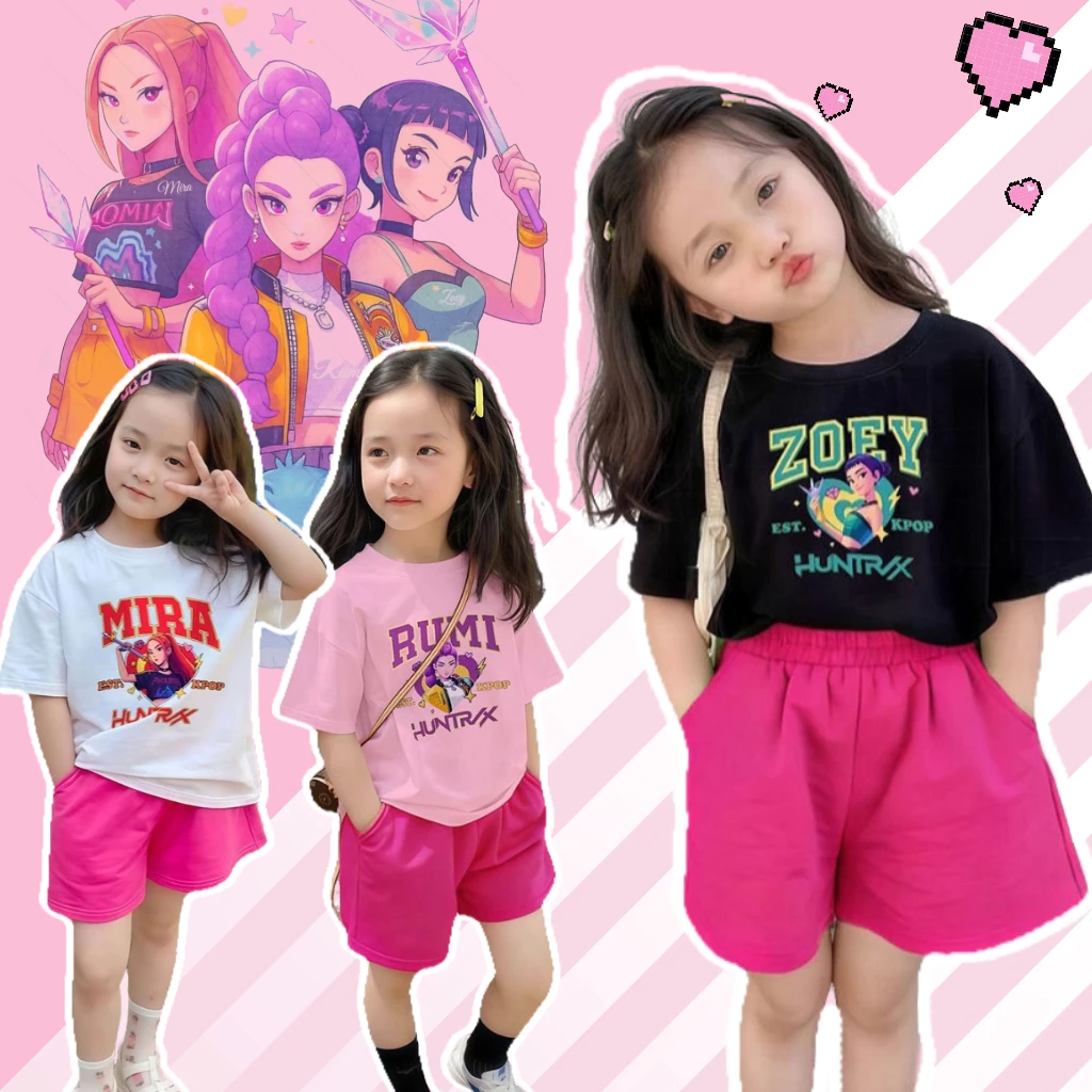 Beryl kids🌸ชุดเซ็ตเด็กผู้หญิงแฟชั่น🎀ชุดเซ็ทเด็กลายสุดฮิต Kpop Demon Hunters เสื้อยืดคอกลม+กางเกงขาสั้น นุ่ม สบาย สีสันสด