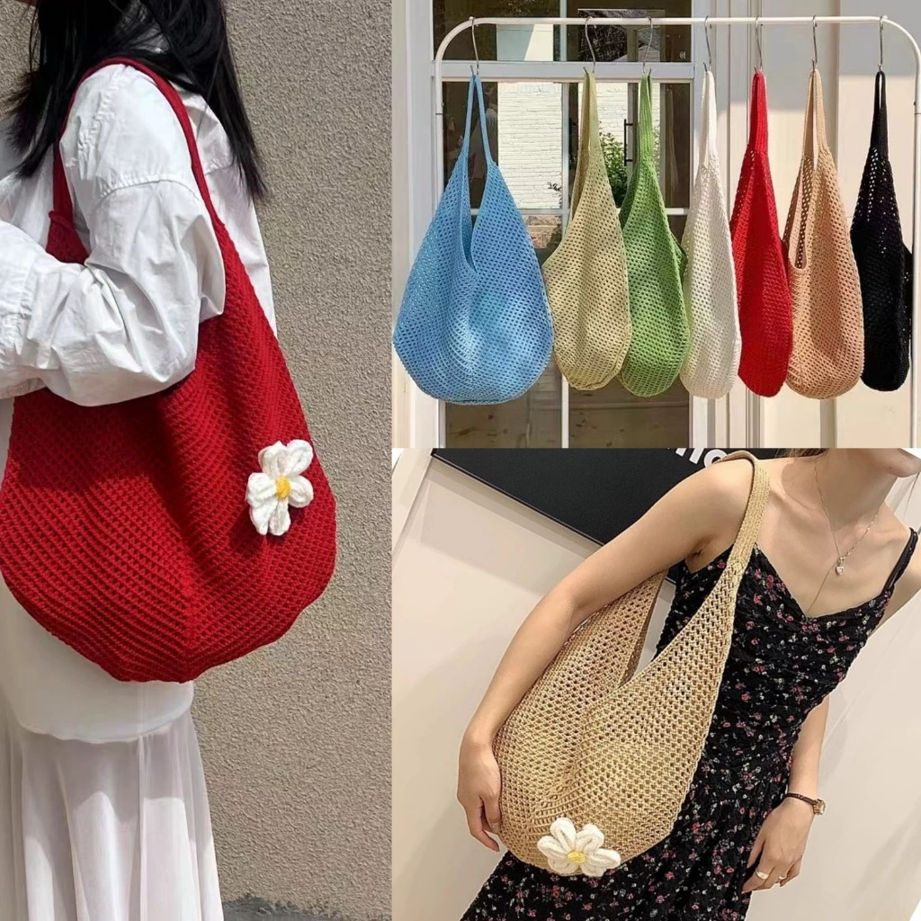Bunnyshop🐰พร้อมส่ง กระเป๋าสาน ไหมพรม กระเป๋าถัก ตกแต่งดอกไม้ สะพายข้าง ไปทะเล
