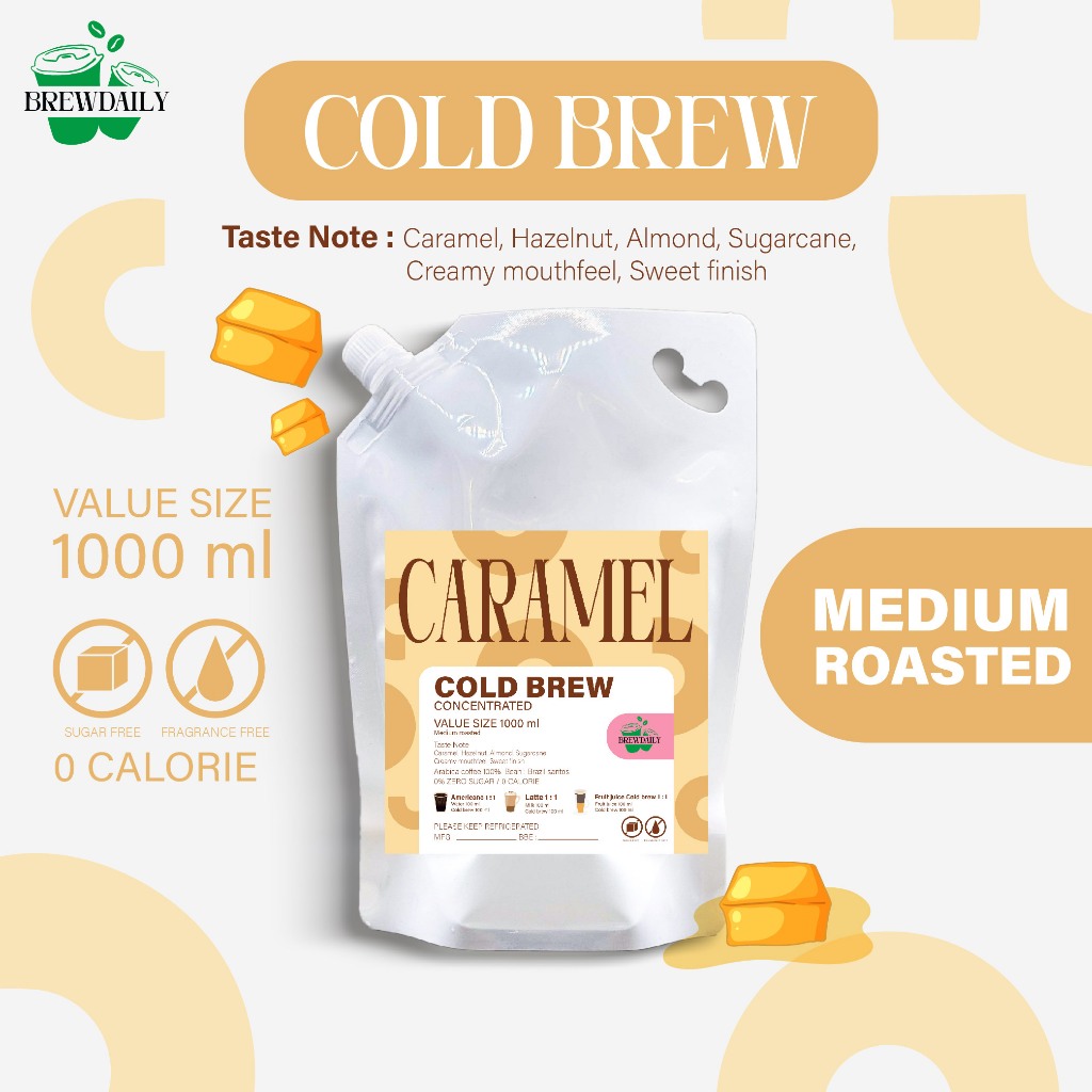 กาแฟสกัดเย็น cold brew Caramel หอมนุ่ม ละมุน Brazil santos โทนคาราเมล ช็อกโกแลต ขนาด1000ml