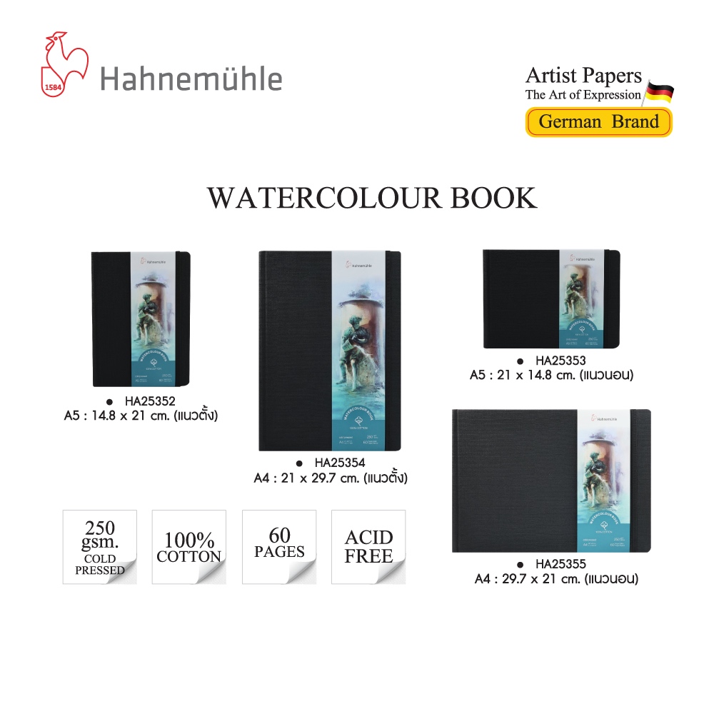 Hahnemuhle Watercolour Book Cold Pressed 250 gsm. 30 sheets A4/A5 I สมุดวาดภาพสีน้ำ 250 แกรม 30 แผ่น