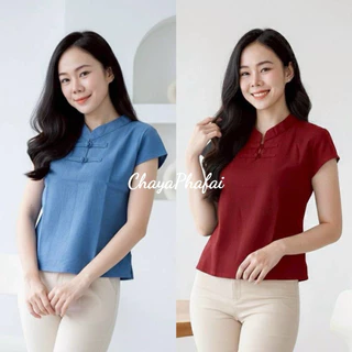 เสื้อผ้าฝ้ายคอจีนเจาะกระดุมขอด แขนเลยไหล่