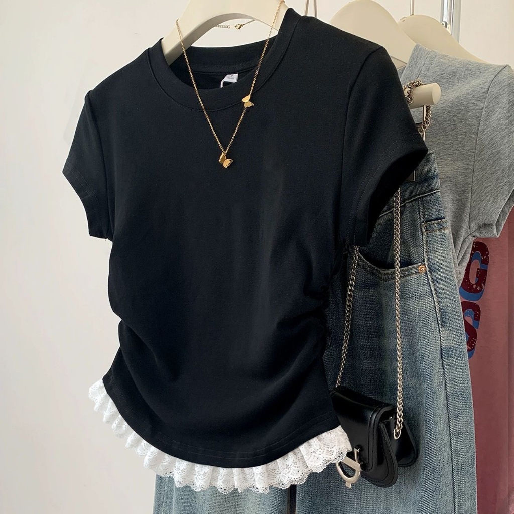 เสื้อยืดแขนสั้นแต่งขอบลูกไม้สุดสวยและน่าดึงดูดใจสำหรับผู้หญิง สไตล์ฤดูร้อนใหม่ ไฮเอนด์และเข้ารูป เหมาะอย่างยิ่งสำหรับการ