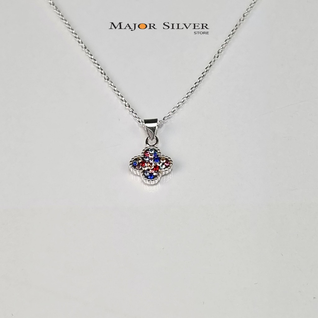 สร้อยคอเงินแท้ 92.5% ยาว 16+2 นิ้ว พร้อมจี้ Clover ติดพลอย Crystal น่ารักมาก : cn-FeClov8-cad28