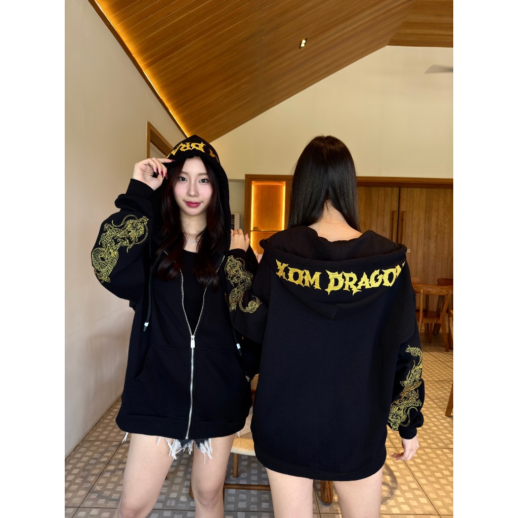 XOM606 เสื้อแจ็คเก็ต มีฮู้ดปักอักษร ปักลายแขนมังกร ร้านโอม